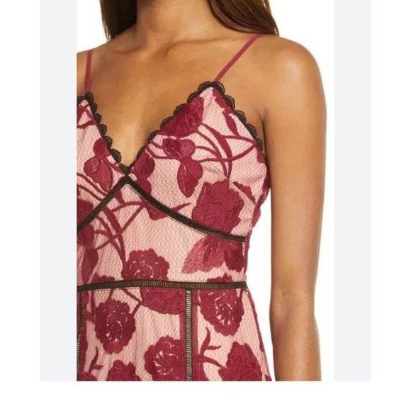 Lulus Alluring Dream Burgundy Floral Mesh Lace Trumpet Midi Dress Red - Picture 3 of 9